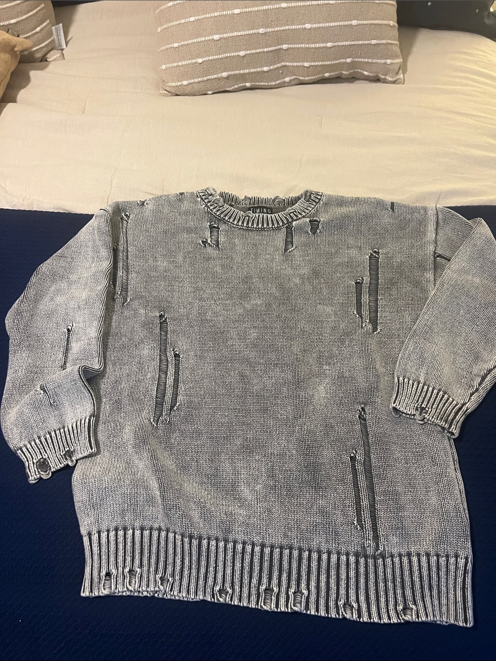 Timing Women’s Washed Gray Distressed Crewneck Sweater